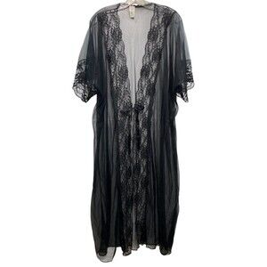 Sheer Black Lace Robe Womens 3X Long Kimono Cover Up Lingerie Plus Size Made USA